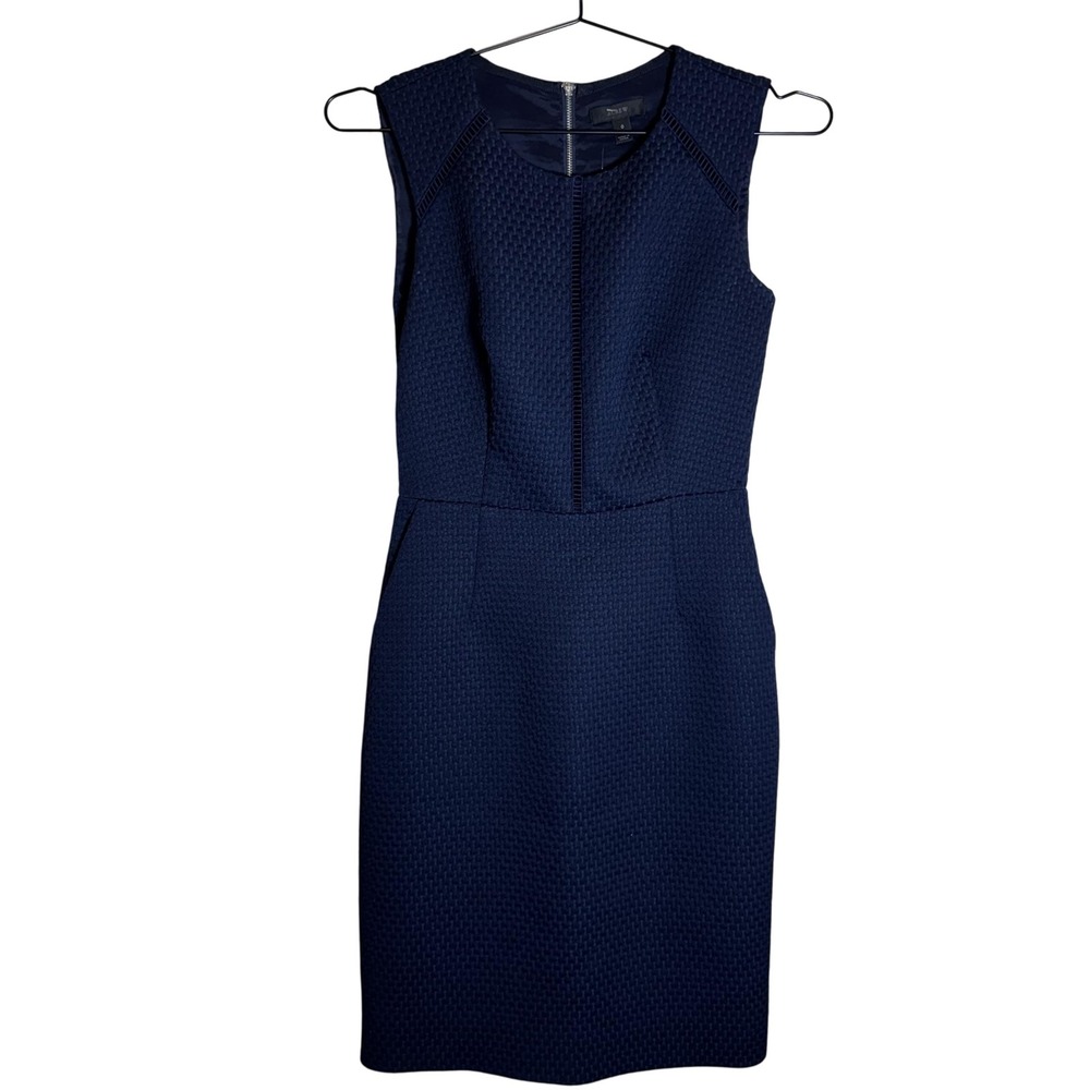 J Crew Dress Womens 0 Navy Blue Sheath Textured Sleeveless Career Pockets Work